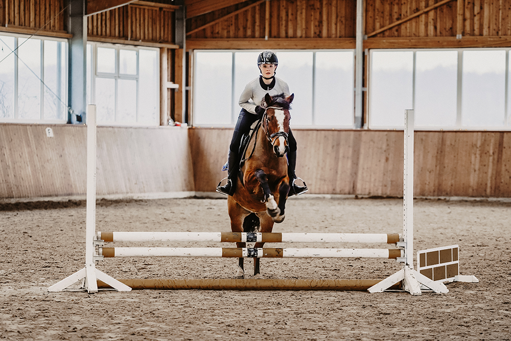 Reitschülerin auf Pferd überspringt Hindernis in Reithalle