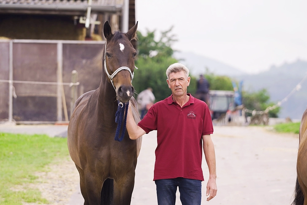 Waldemar führt braunes Pferd über den Hof